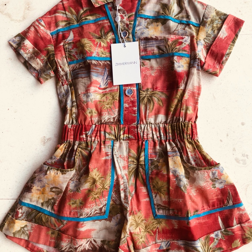 Zimmermann Kids Coral Tropical Print One-Piece Romper with Blue Trim
